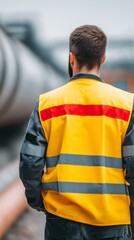 Industrial worker in a bright reflective vest stands confidently near large pipes at a busy construction site. The atmosphere is focused on safety and diligence as work activities unfold