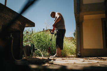A man trims tall grass in a sunny outdoor space, using a garden tool. The focus is on work,...