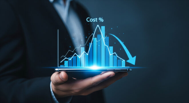 Businessman uses digital tablet to draw a financial graph on the screen, displaying a concept of future success through tech innovation