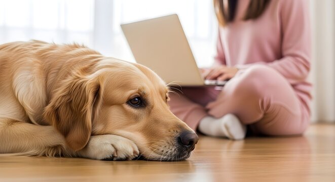 Golden retriever dog relaxing on the floor while owner works on a laptop