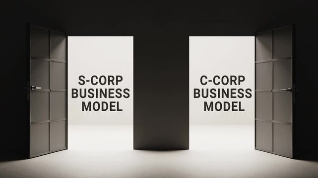 S-Corp vs. C-Corp business model concept animation, two opening doors revealing corporate contrast, metaphor of choice and balance, ideal for business strategy and corporate educat