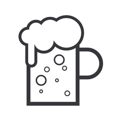 Isolated outline pictogram of beer mug with handle, foam, and bubbles, symbol of alcoholic drink, bar, and celebration.