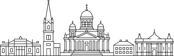 Obraz premium Helsinki Finland Cityscape Outline. Vector Silhouette Icon of Architecture and Buildings