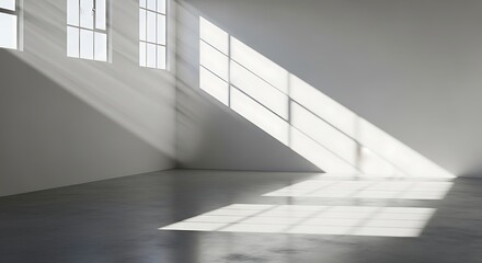 Fototapeta premium Sunlight streams through large industrial windows, casting geometric shadows across the concrete floor of an empty room