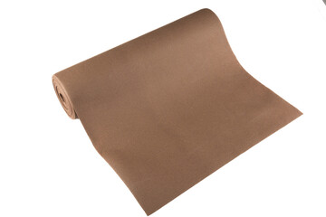 rolled brown material beige dark tablecloth in roll of synthetic fabric or sheet paper on white background
