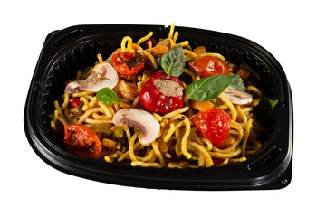 noodle box chinese chicken and vegetable pasta food on plastic tray takeaway isolated in white background