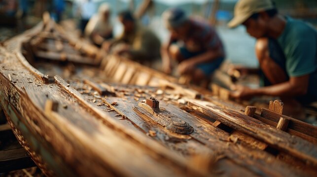 Men focus on crafting wooden boats, skillfully carving the wooden structures. The background shows men dedicatedly shaping wooden pieces in a serene outdoor setting.