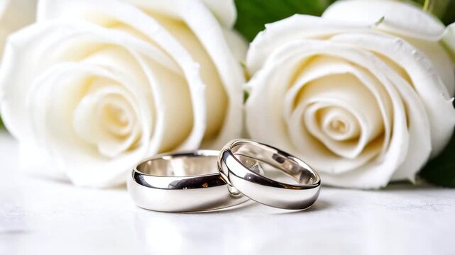 A pair of wedding rings against a romantic backdrop of white roses. Concepts of wedding, family, love, silver jewelry