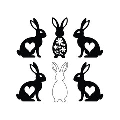 Easter Bunny Silhouette Set with Heart and Floral Design Vector