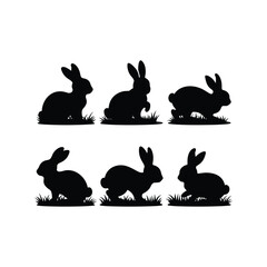 Rabbit silhouette set on grass isolated on white background