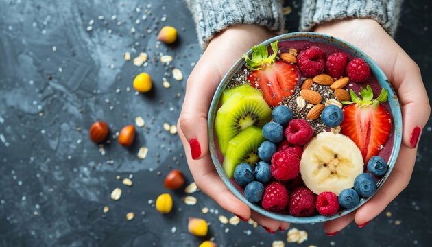Vibrant smoothie bowl topped with fresh fruits, nuts, and seeds for a healthy lifestyle