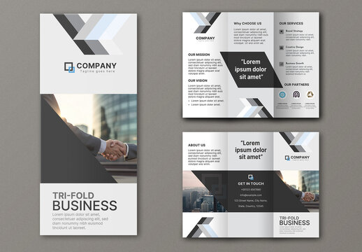 Editable Business Trifold Brochure Template in White and Black Color for Corporate Marketing and Promotion.