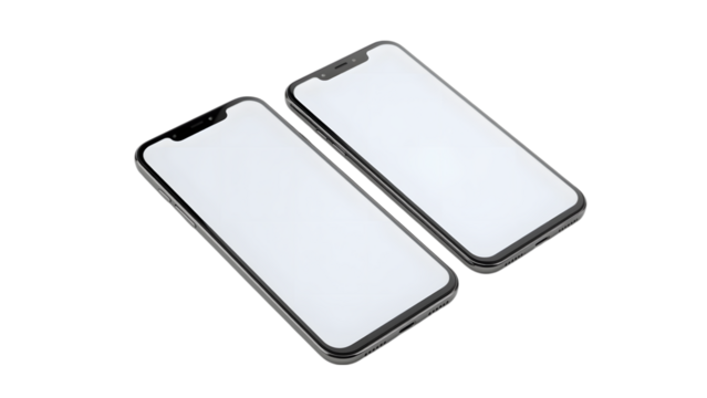 Dual Smartphones: Two sleek smartphones, each boasting a pristine, bright screen, offer a contemporary visual, perfect for showcasing content or presenting technological designs.