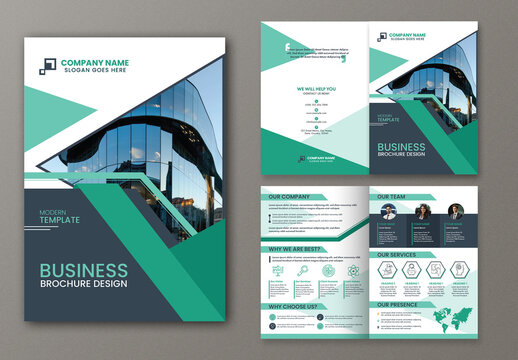 Editable Bifold Business Brochure Template with Double-Sided for Corporate Use in Green, White and Grey Color.