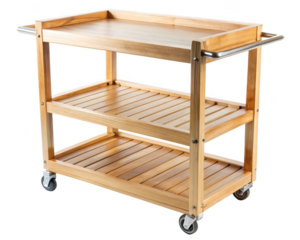 Wooden kitchen cart isolated on transparent background, furniture for restaurant