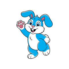 Cute Blue Bunny Waving Hand Cartoon Vector Illustration