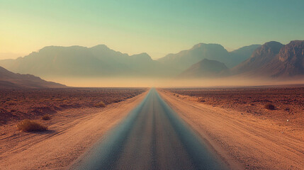 Fototapeta premium Desert highway stretching toward the horizon under intense heat with shimmering mirage reflections and hazy atmosphere symbolizing isolation travel endurance and summer heat in hyperrealistic style