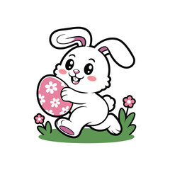 Cute Easter Bunny Holding Egg Cartoon Illustration