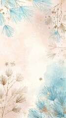 a soft pastel background with delicate watercolor brush strokes, featuring winter art elements in light blue and gold hues