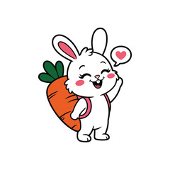 Cute Bunny with Carrot Backpack and Heart Speech Bubble Vector Illustration