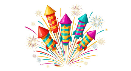 Colorful rockets exploding with bright fireworks and confetti in a festive celebration