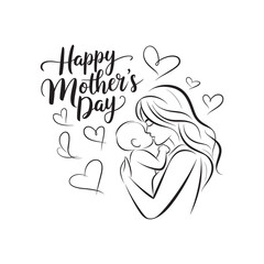 Happy Mother’s Day Line Art Illustration of Mother Kissing Baby with Hearts