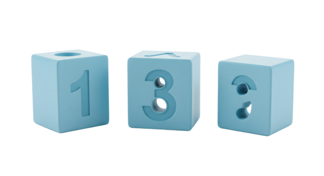 BABY TOYS - Blue wooden blocks with numbers 1, 3, and question mark, isolated on white background, perfect for educational and learning materials