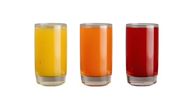 Trio of Refreshments: Three vibrant glasses of fresh juice, showcasing a spectrum of fruity hues, stand side-by-side, offering a visual symphony of flavors and a promise of revitalizing sips.
