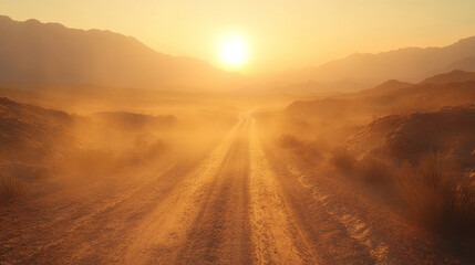 Desert highway stretching toward the horizon under intense heat with shimmering mirage reflections and hazy atmosphere symbolizing isolation travel endurance and summer heat in hyperrealistic style