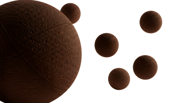 BABY TOYS - Close-up of textured brown spheres floating on black background, abstract 3D shapes perfect for design and technology projects