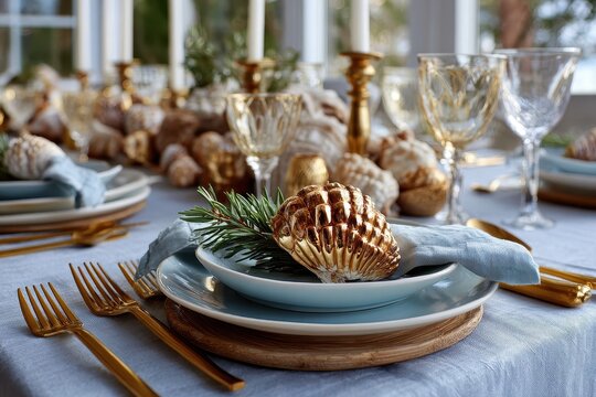 coastal christmas table with seashells light blue tones and golden accents ocean vibe