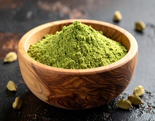 A wooden bowl filled with a mound of green powder, spices