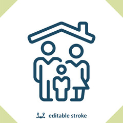 Family Icon. Household, Man, Woman, Child, Roof, House, Home