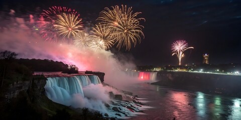 Fireworks explode over niagara falls during a celebration at night
