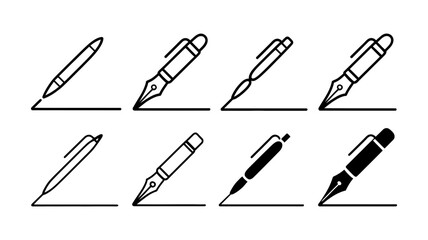 Vector art of set of pen icons collection of writing tools, including ballpoint, fountain, and stylus pens for drawing and signing