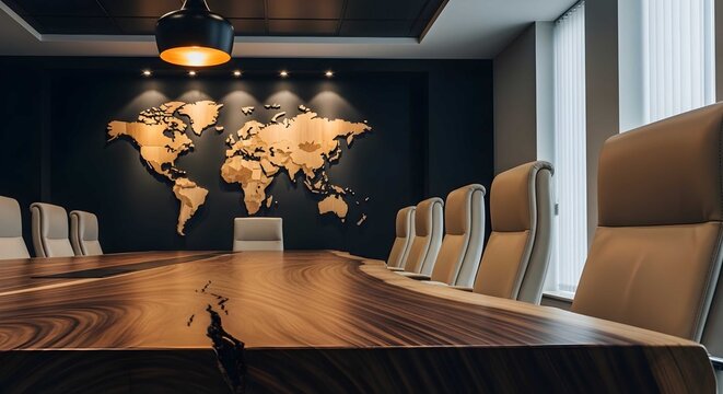 Modern boardroom with a wooden world map and large conference table