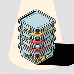 Stacked Food Storage Containers with Colorful Contents: An Isometric Illustration for Kitchen Organization and Meal Prep Ideas, Featuring Fresh Ingredients