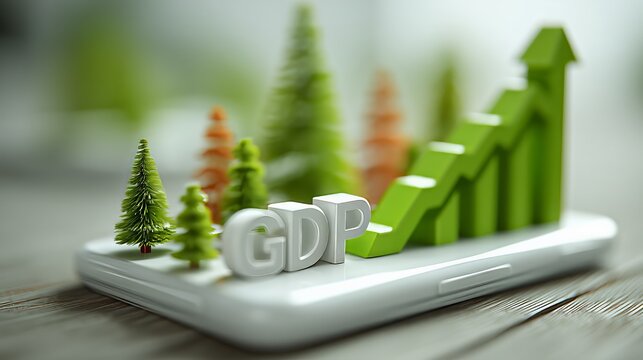 Green economy concept showing increasing GDP with trees and a rising chart on a smartphone, representing sustainable growth and environmental investment