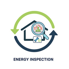 2D flat icon of a house with a magnifying glass, energy inspection in vector
