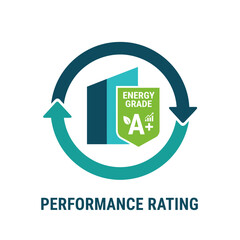 2D flat icon of a building with energy grade, performance rating in vector
