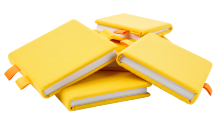 BABY TOYS - Stack of yellow hardcover notebooks with ribbon bookmarks, blank pages ready for writing, perfect for journaling or note-taking
