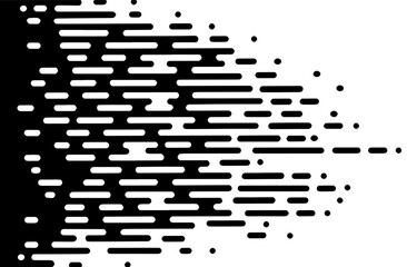 Dynamic abstract digital transition background with fragmented horizontal lines and dots, creating a dissolving data stream effect from a solid block to a subtle pixelated fade