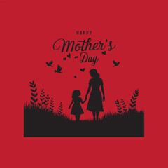 Mother and Daughter Silhouette on Red Background for Mother’s Day Greeting