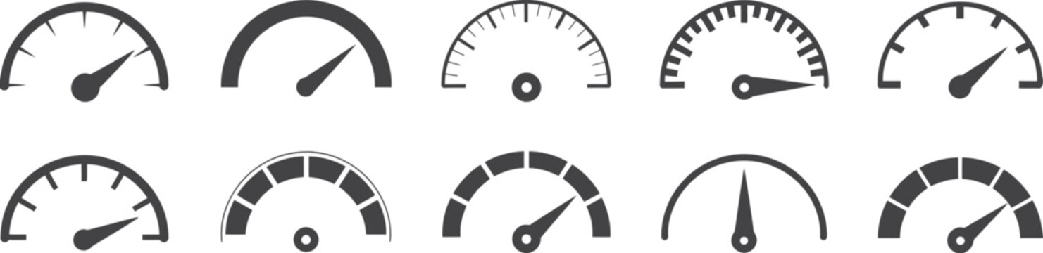 Collection of flat vector speedometer and tachometer icons &ndash; ideal for automotive dashboards, high-speed internet indicators, performance meters, and fast technology concept designs