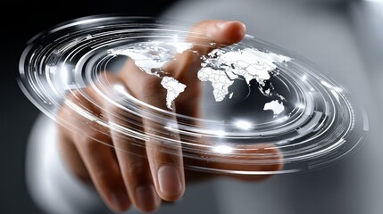 Finger activating global network interface displaying world map, connecting people and continents, symbolizing future business technology and digital communication