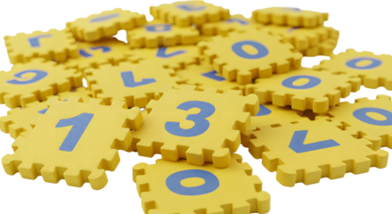 BABY TOYS - Yellow foam puzzle pieces with blue numbers scattered on white surface, educational toy for children learning counting and numbers