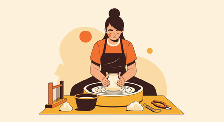 A focused artisan meticulously shapes wet clay on a spinning pottery wheel, creating beautiful handmade ceramic art in a modern illustration style.