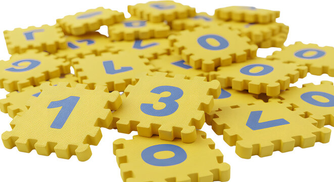 BABY TOYS - Yellow foam puzzle pieces with blue numbers scattered on white surface, educational toy for children learning counting and numbers