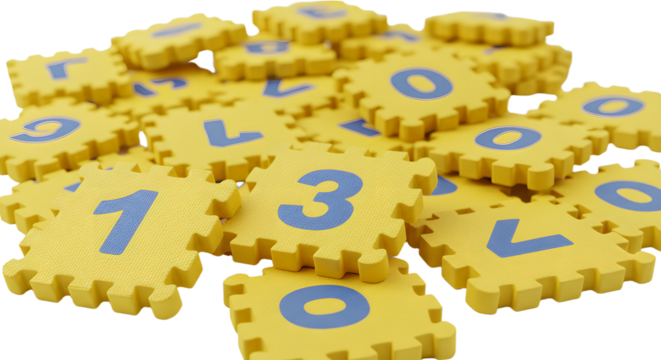 BABY TOYS - Yellow foam puzzle pieces with blue numbers scattered on white surface, educational toy for children learning counting and numbers