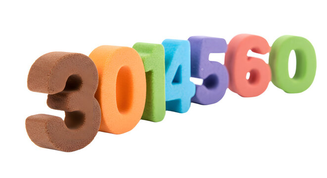 BABY TOYS - Colorful foam numbers from zero to six arranged in a row isolated on white background, perfect for educational materials and children's learning